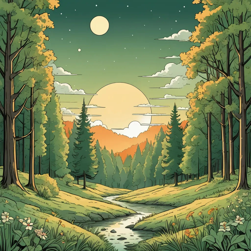 a painting of a forest with a stream running through it and a full moon in the sky above it, fantasy art, a storybook illustration, Dan Mumford, josan gonzales and dan mumford