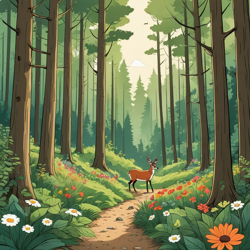 a deer is standing in the middle of a forest with flowers and trees on the ground and a path leading to it, environmental art, a storybook illustration, Chris LaBrooy, forest