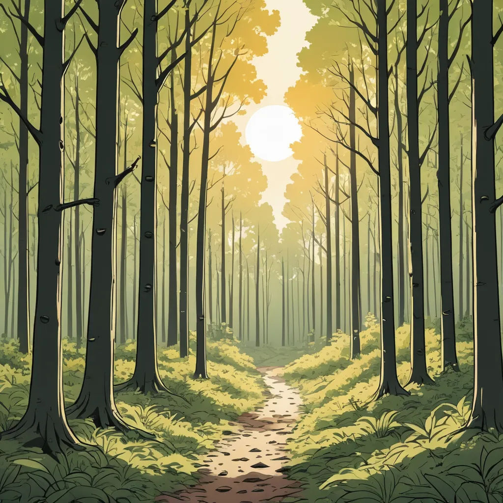 a painting of a path through a forest with trees and grass on both sides of it, with the sun shining through the trees, environmental art, a comic book panel, Dan Mumford, forest