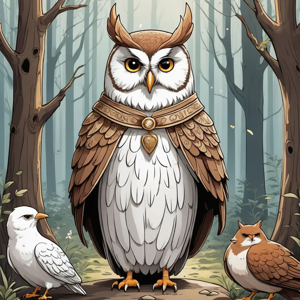 a cartoon owl with a leather collar and two owls in a forest with trees and leaves, with a heart on its chest, fantasy art, a storybook illustration, Dan Mumford, storybook illustration