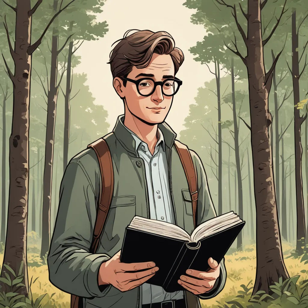 a man in glasses is reading a book in the woods with trees behind him and a forest background with a man with glasses, serial art, a character portrait, Colin Middleton, character portrait
