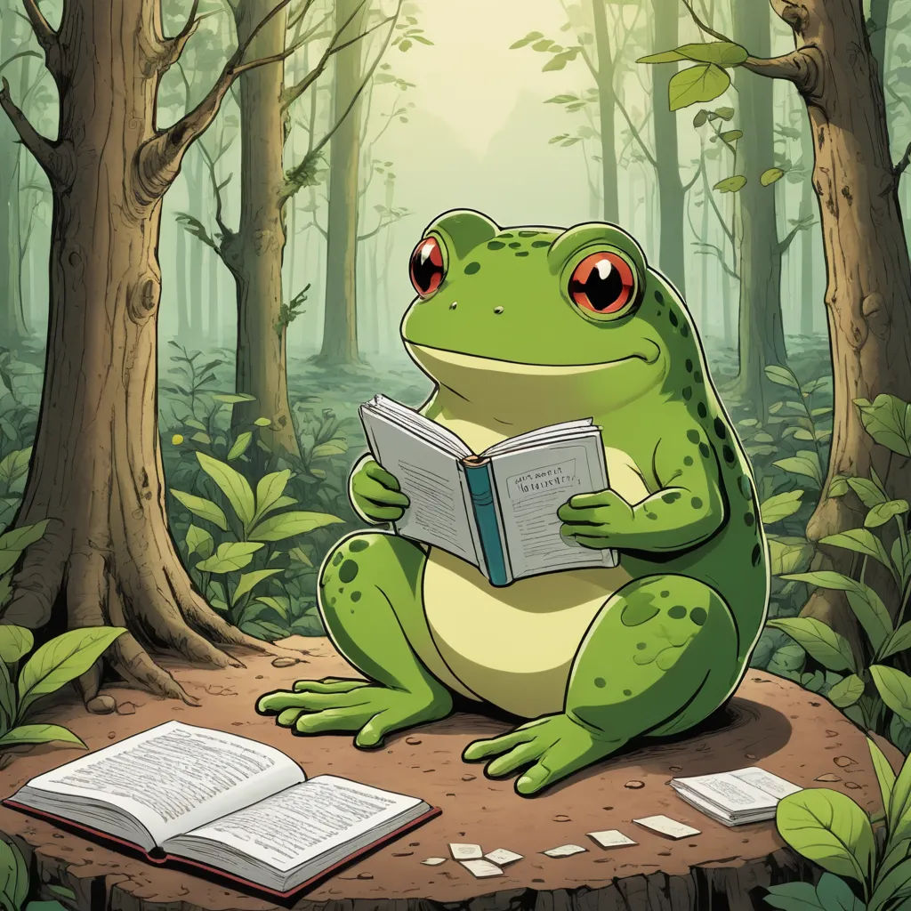 a frog sitting on a log reading a book in the forest with a forest background and a sunbeam, fantasy art, a storybook illustration, Chris LaBrooy, official art