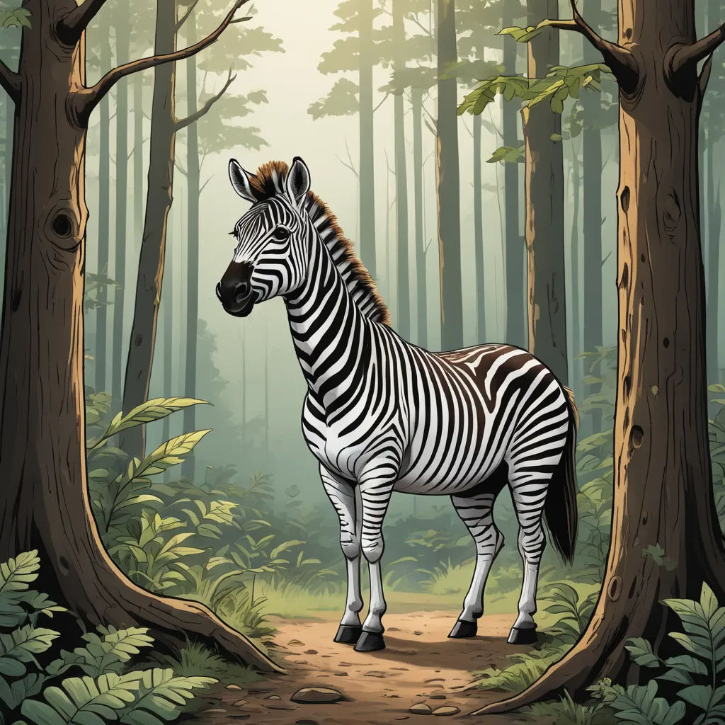 a zebra standing in the middle of a forest with trees and bushes around it, with a path leading to it, naturalism, a storybook illustration, Chris LaBrooy, storybook illustration