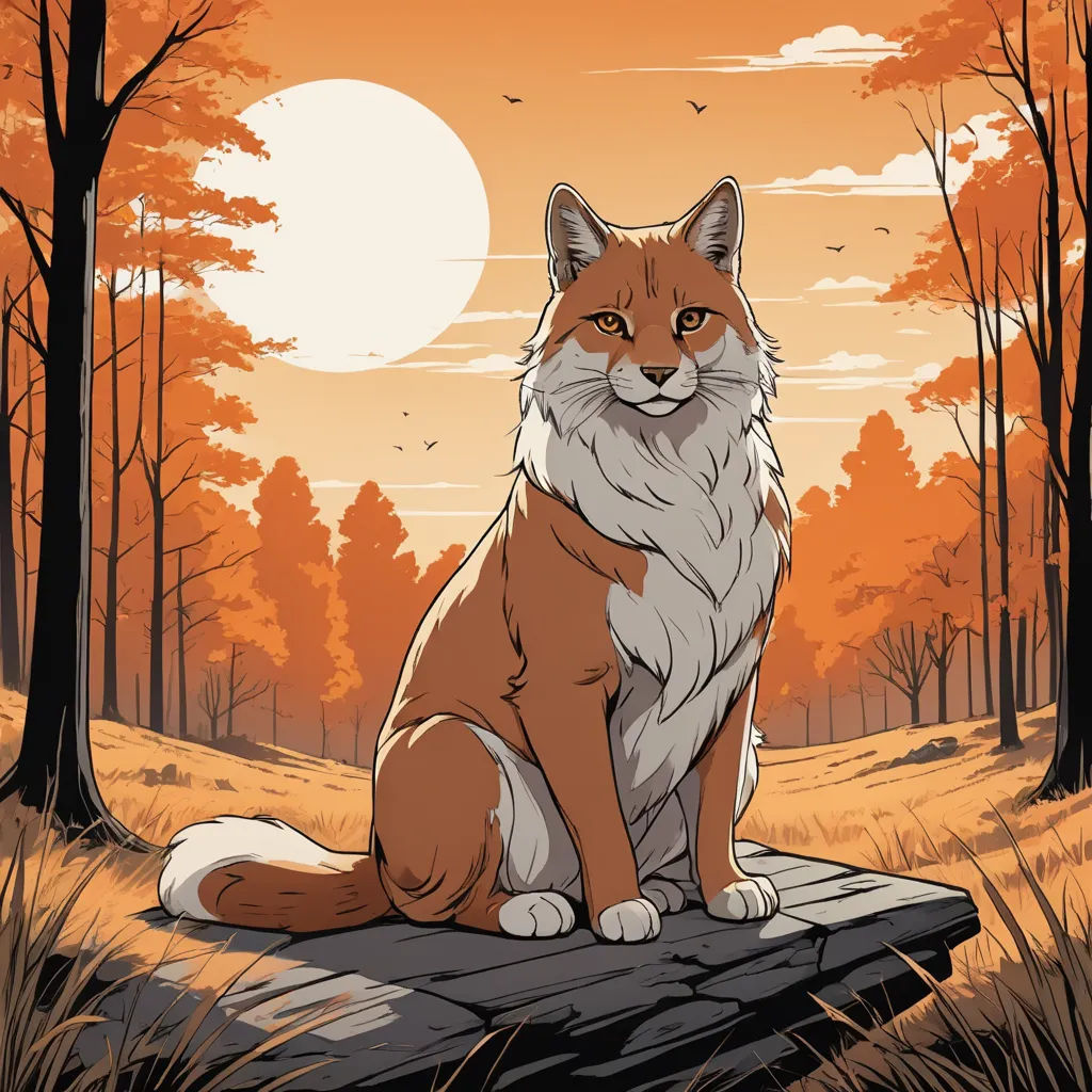 a cat sitting on a log in a forest at sunset with a full moon in the background and trees, furry art, a character portrait, Dan Mumford, official art