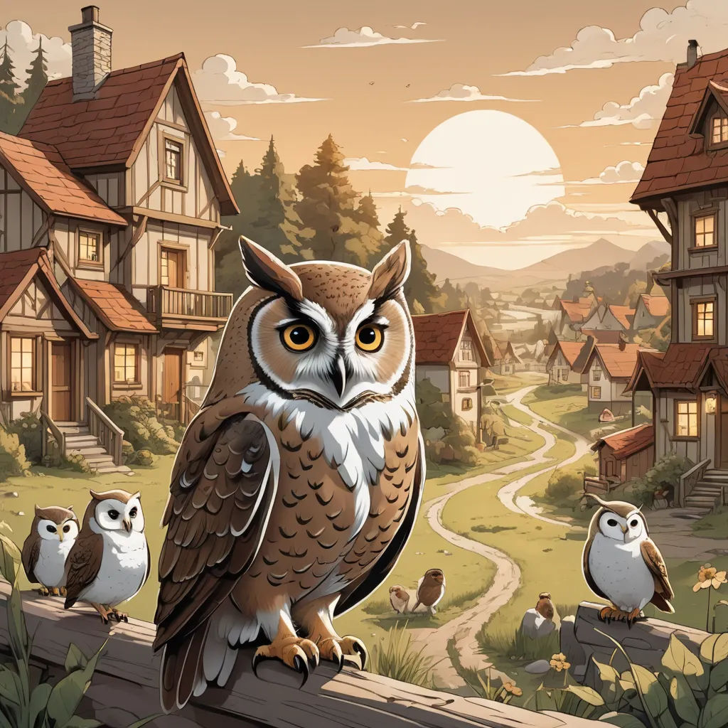 a painting of an owl sitting on a fence with other owls in the background and a sunset in the background, fantasy art, a storybook illustration, Chris LaBrooy, storybook illustration
