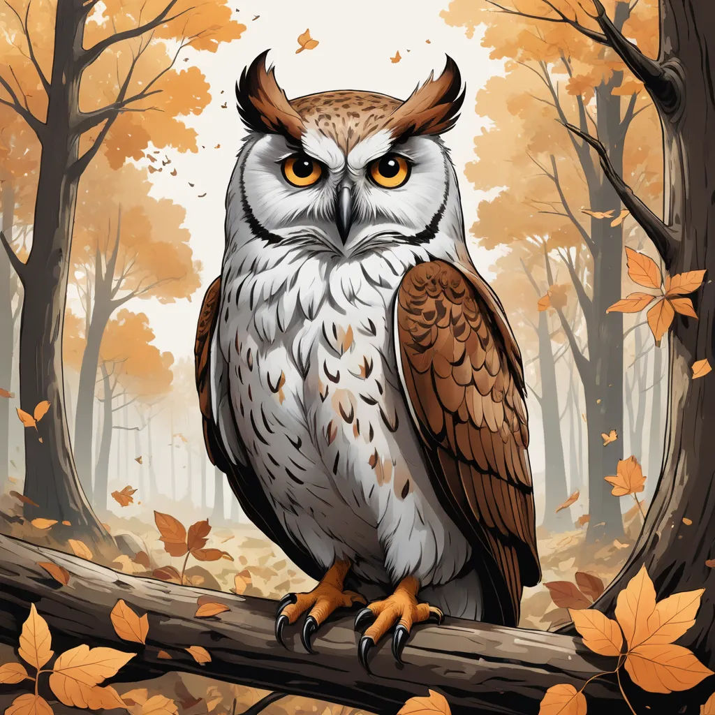 a painting of an owl sitting on a branch in a forest with leaves on the ground and trees in the background, fantasy art, a storybook illustration, Dan Mumford, magic the gathering artwork