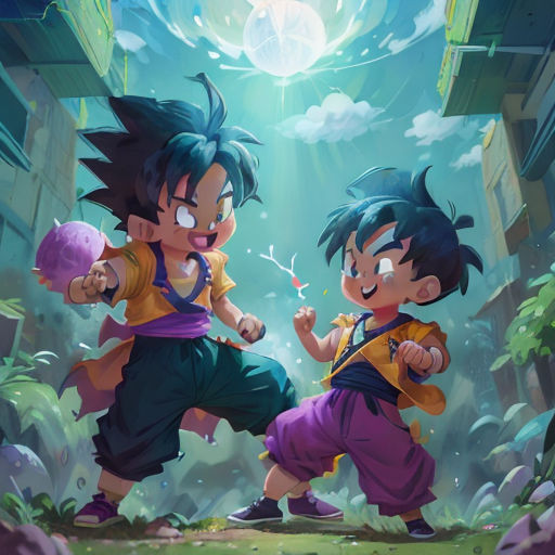 two young boys are fighting in a jungle with a light shining down on them and a sky background with clouds