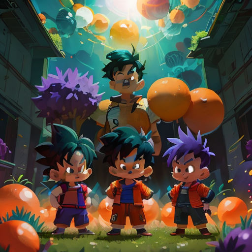 a group of cartoon characters standing in a room with oranges and balloons in the air above them,