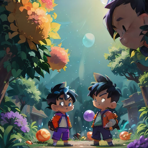 two children standing in the middle of a forest with balloons in their hands and a sun shining down on them