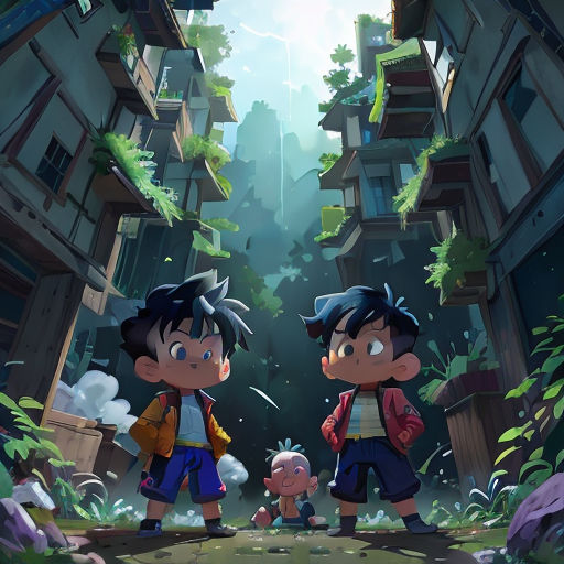 two children standing in a narrow alley in a cartoon style, with a baby in the foreground and a man in the background