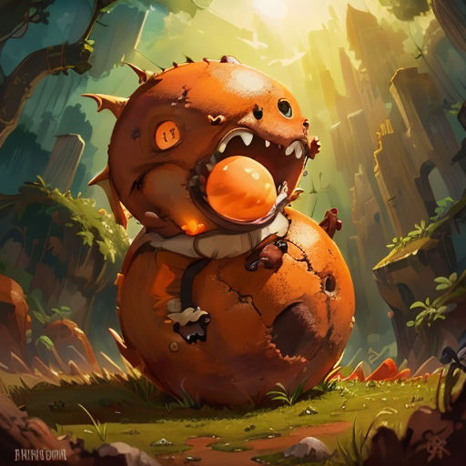 a cartoon character with a big mouth and a big nose, standing in the middle of a forest with a sun shining through the trees