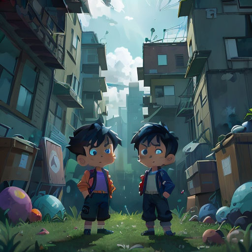 two children standing in a city with a backpack on their shoulders and a backpack on their shoulder, looking at the sky