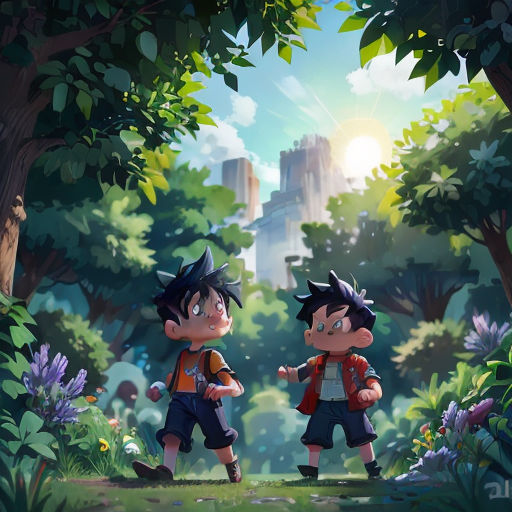two young boys are playing in the woods with a castle in the background and a sun shining through the trees