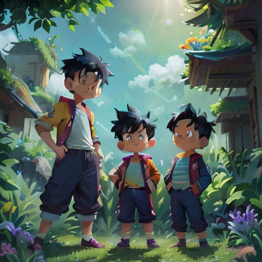 three young boys standing in the grass near a tree and a building with a sky background and a sun