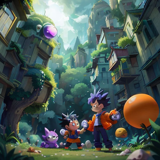 a cartoon character and a cat in a city with buildings and trees in the background, with a sky background