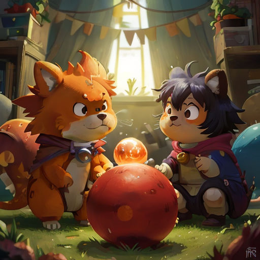 a couple of animals that are standing in the grass near a ball of balls and a cat on the ground