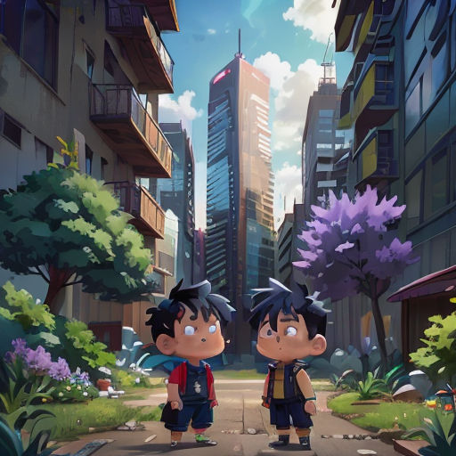two young boys standing in the middle of a city street with tall buildings in the background and a purple tree in the foreground
