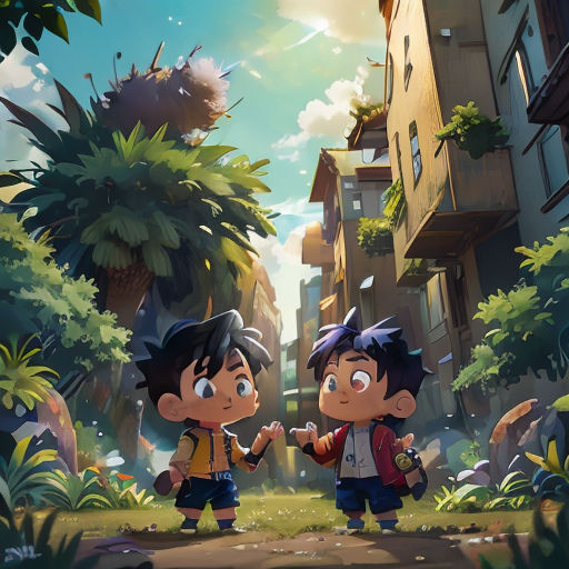 two children standing in the middle of a forest with a building in the background and a sky background with clouds