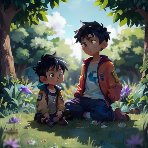 two children sitting in the grass under a tree with a sky background and a blue sky in the background
