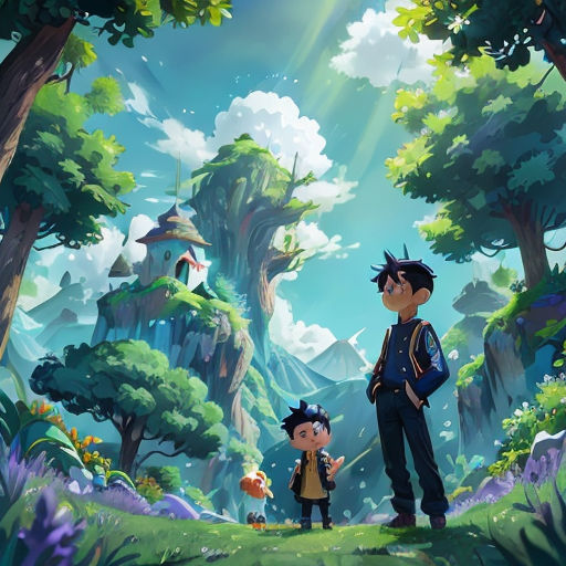 a boy and a girl standing in the middle of a forest with a castle in the background and a sky background