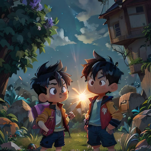 two young boys standing in a forest with a flashlight in their hand and a house in the background with a sky full of clouds