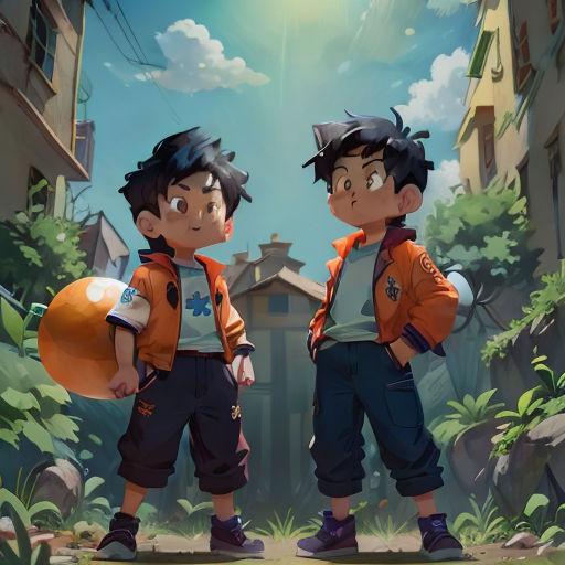 two young boys standing in front of a house with a backpack on their back and a ball in their hand