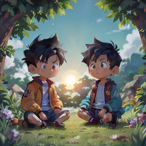two young boys sitting on the ground in front of a tree and a sun setting behind them, with the sky and clouds