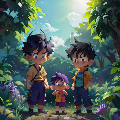 a couple of kids standing next to each other in a forest with a sky background and trees and bushes