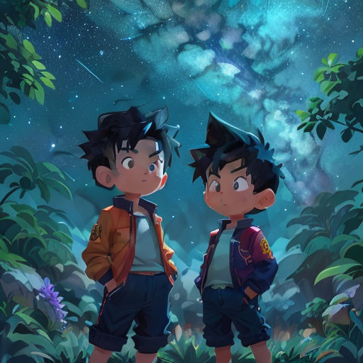 two young boys standing in the woods under a night sky with stars and clouds above them, looking at the stars