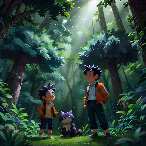 two boys standing in the middle of a forest with a stuffed animal in front of them and a light shining on them