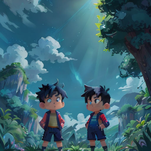 two young boys standing in the middle of a forest looking at the sky and stars above them, with a bright light shining on the trees
