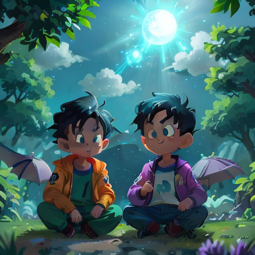 two boys sitting on the ground in the woods under a bright sun and some trees with leaves on them