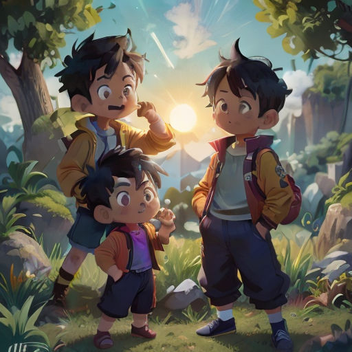 three children standing in the grass with a sun in the background and trees in the background, with a sky background