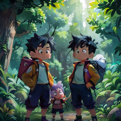 two young boys with backpacks standing in the woods with a small girl in front of them and a forest background
