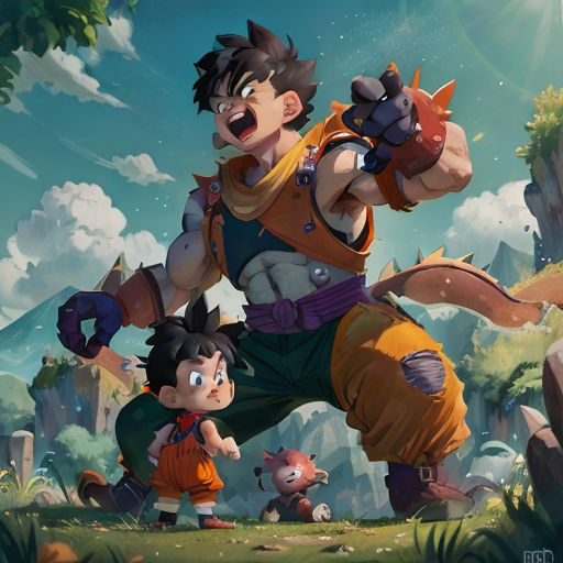 a cartoon character with a big arm and a big head, standing in front of a forest with other characters