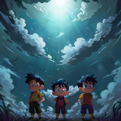 three boys standing in front of a sky with clouds and stars above them, looking up at the sky