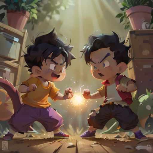 two young boys are fighting over a light bulb in a cartoon style, with plants and a potted plant behind them