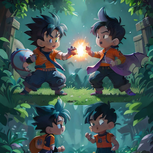 a cartoon of two boys in the woods with a light in their hands and a boy with a backpack