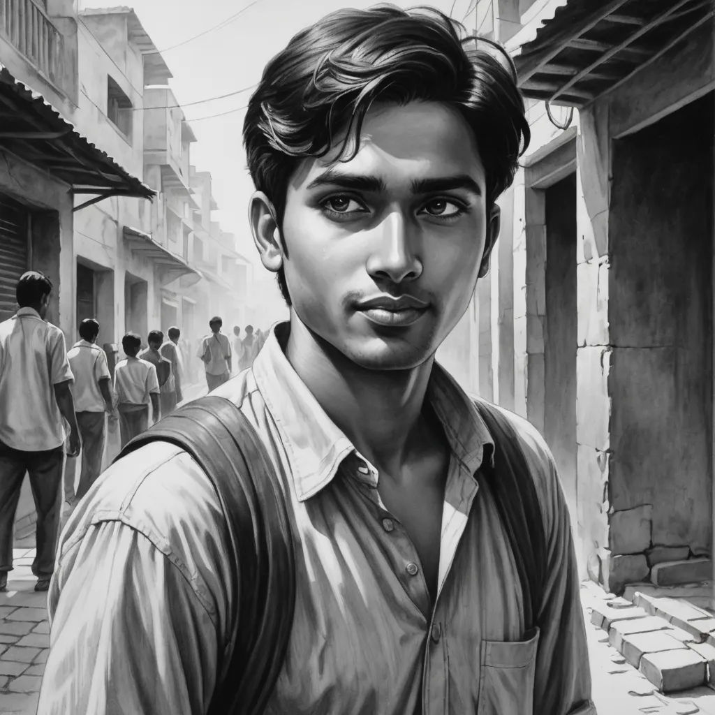 a man with a backpack standing in front of a building with people walking by him on the street in the background, figurative art, an ultrafine detailed painting, Bhupen Khakhar, photorealistic portrait
