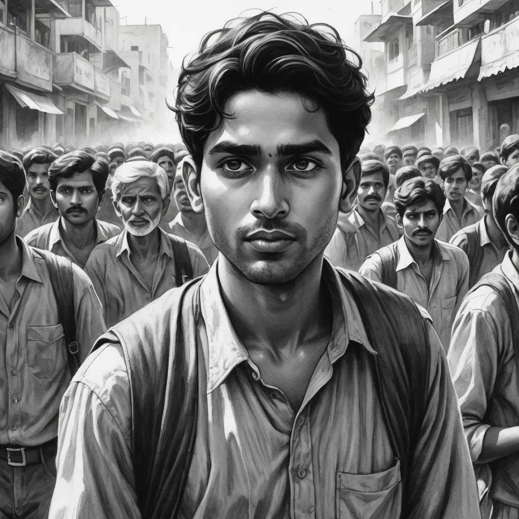 a man standing in front of a crowd of people in a city street with buildings and a man with a backpack, hyperrealism, an ultrafine detailed painting, David Palumbo, highly detailed digital painting
