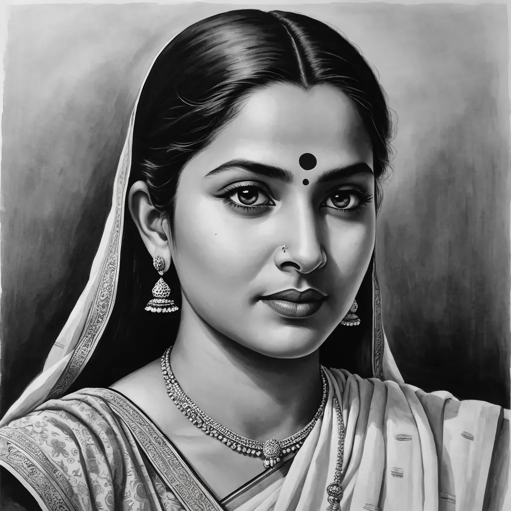 a drawing of a woman in a sari with a nose ring and a nose ring on her nose, samikshavad, an ultrafine detailed painting, Ella Guru, detailed portrait