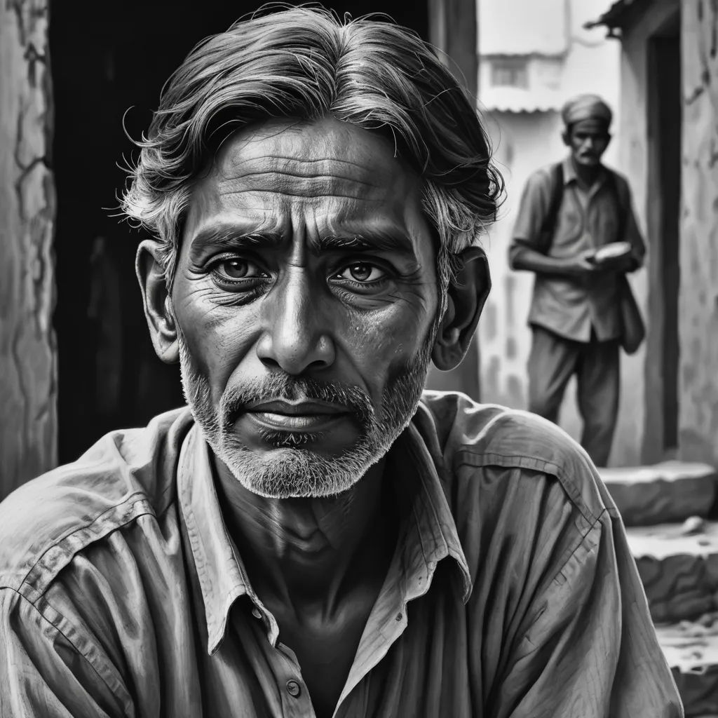 a man with a beard and a shirt on sitting in front of a statue of a man with a beard, photorealism, an ultrafine detailed painting, Bholekar Srihari, highly detailed digital painting