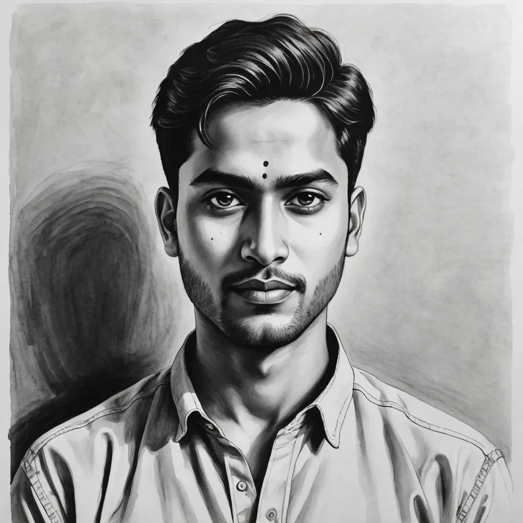 a drawing of a man with a beard and a shirt on, in a black and white photo, with a shadow of him, photorealism, a charcoal drawing, Ella Guru, photorealistic portrait