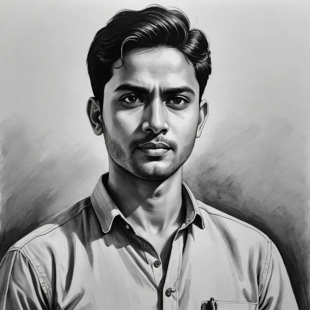 a black and white drawing of a man with a beard and a button up shirt on, looking at the camera, bengal school of art, an ultrafine detailed painting, Bikash Bhattacharjee, photorealistic portrait