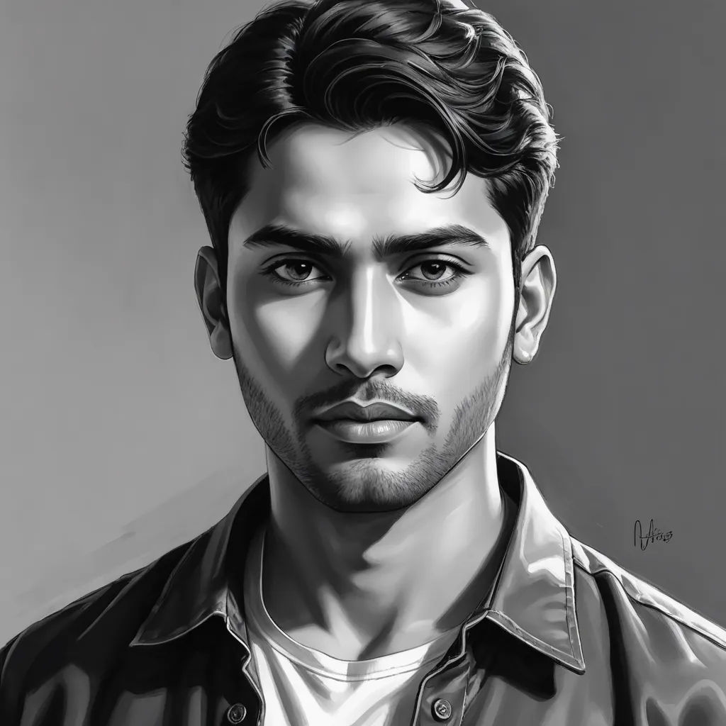 a black and white drawing of a man with a beard and a shirt on, looking at the camera, photorealism, a digital painting, Ahmed Karahisari, professional digital painting