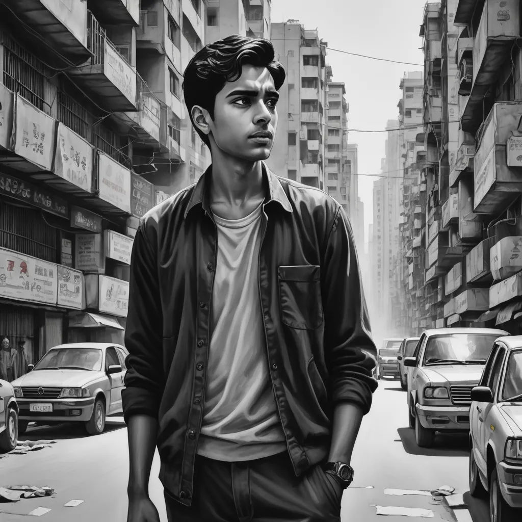 a man standing in the middle of a street with cars parked on both sides of the street and buildings in the background, photorealism, an ultrafine detailed painting, David Park, highly detailed digital painting