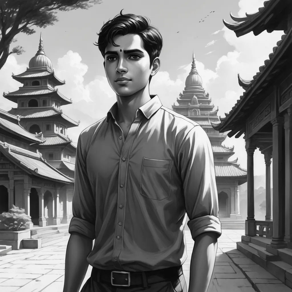 a man standing in front of a building with a clock tower in the background and a sky background with clouds, samikshavad, a character portrait, Bikash Bhattacharjee, jayison devadas