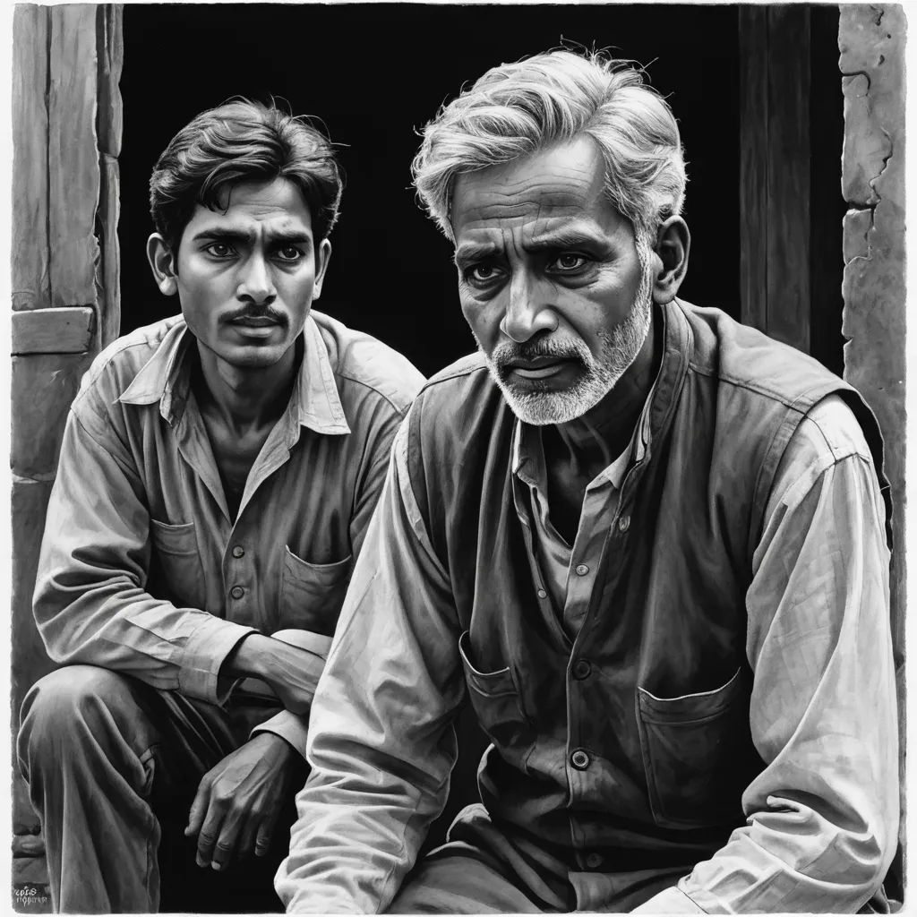 a black and white drawing of two men sitting next to each other on a window sill, one of them is looking at the camera, photorealism, an ultrafine detailed painting, Bhupen Khakhar, extremely detailed oil painting