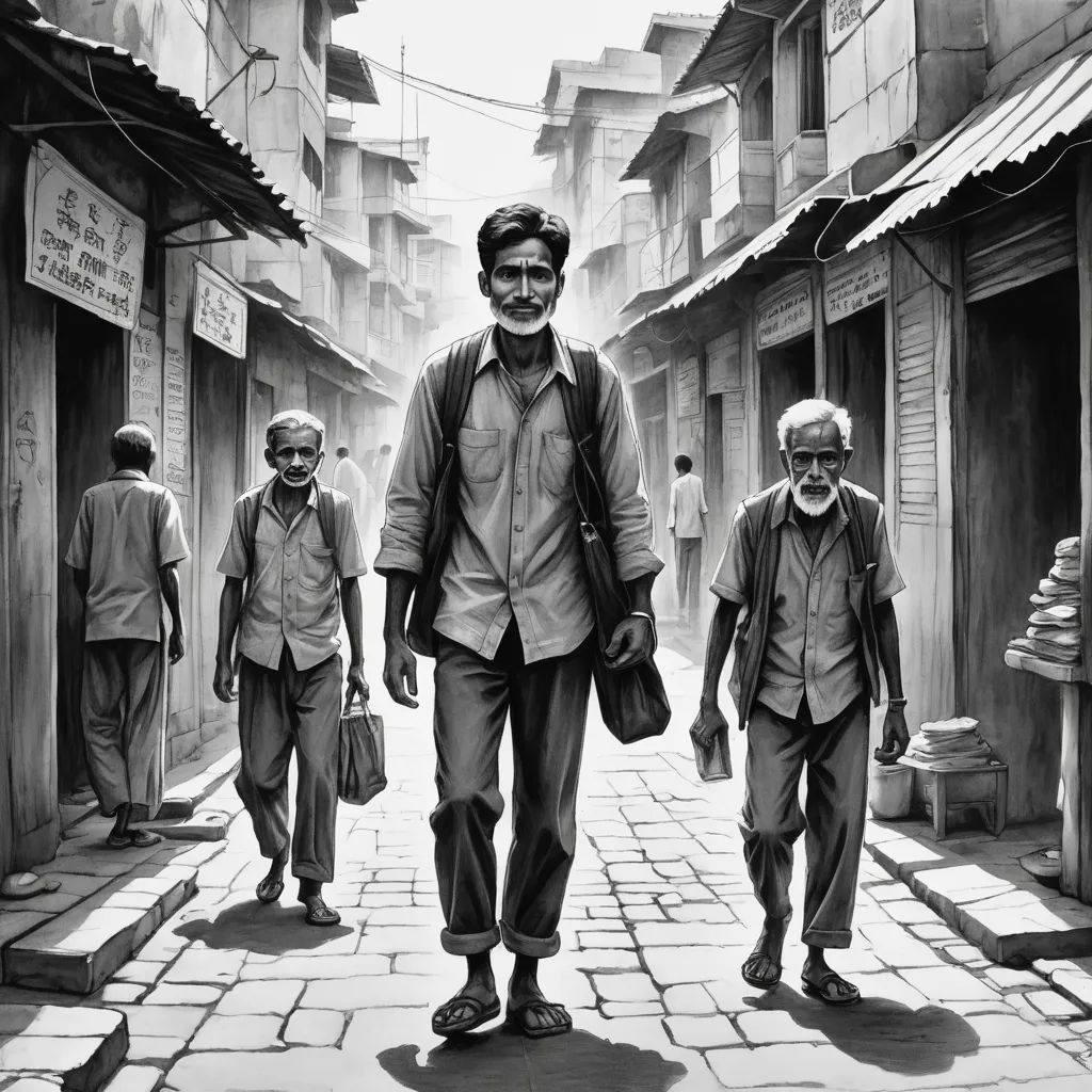a man walking down a street next to other men on a sidewalk with bags on their backs and a man with a backpack on his shoulder, figurative art, an ultrafine detailed painting, Bapu, highly detailed digital painting