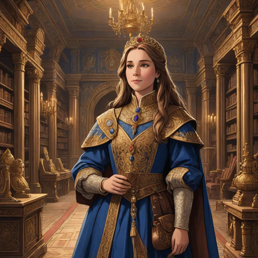 a woman in a blue dress and gold crown standing in a library with a bookcase full of books, sots art, a character portrait, Donato Giancola, official art